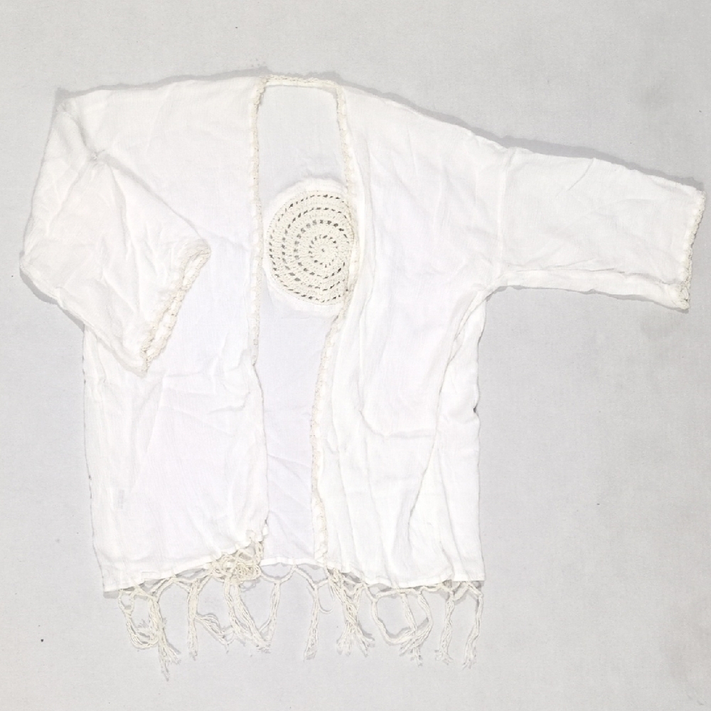 Corchet Beach Wrap Knitted Off White Fringe Boho Cottage Neutral Cardigan S/M